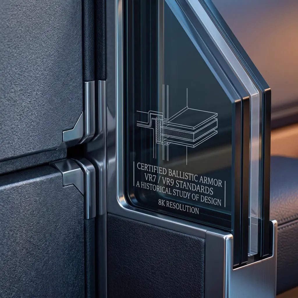 Certified VR7/VR9 ballistic glass door seam with etched armor diagram
