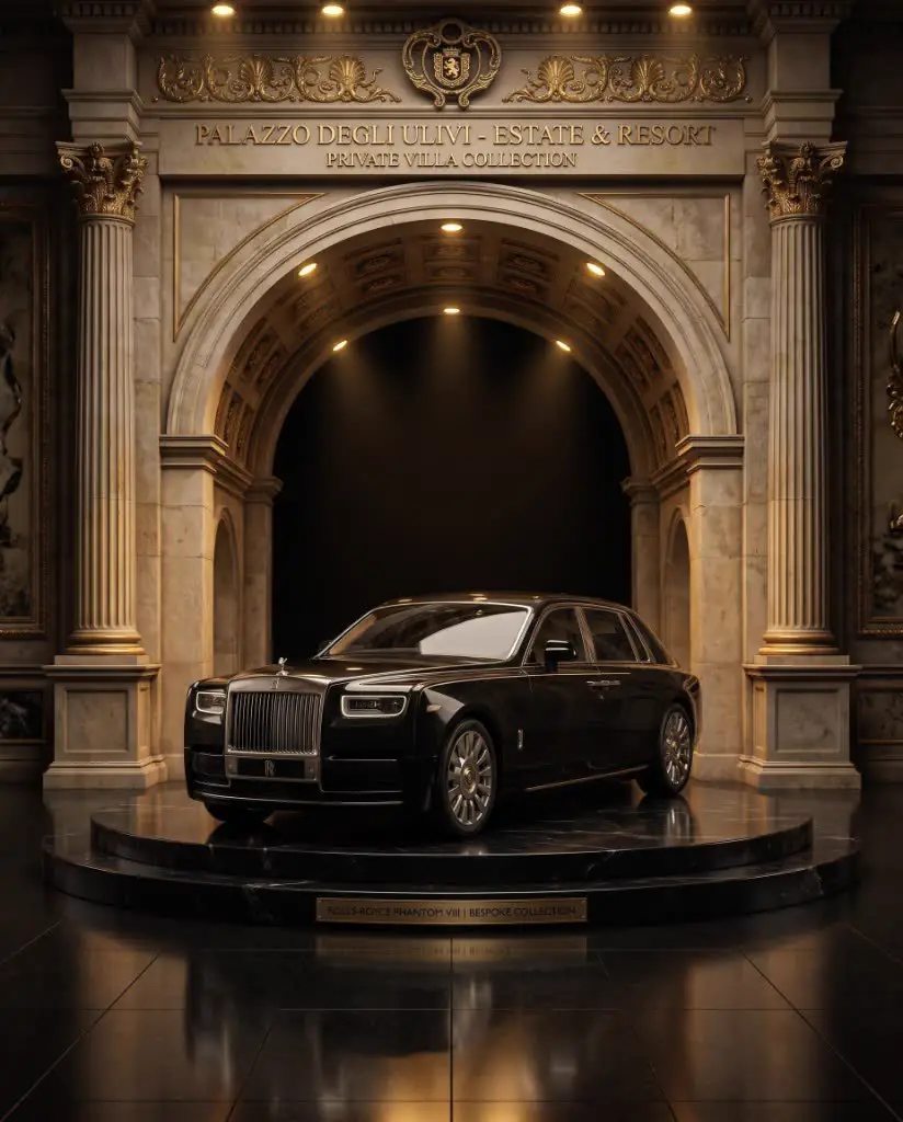Rolls-Royce Phantom VIII on a circular marble plinth beneath a palatial gold arch