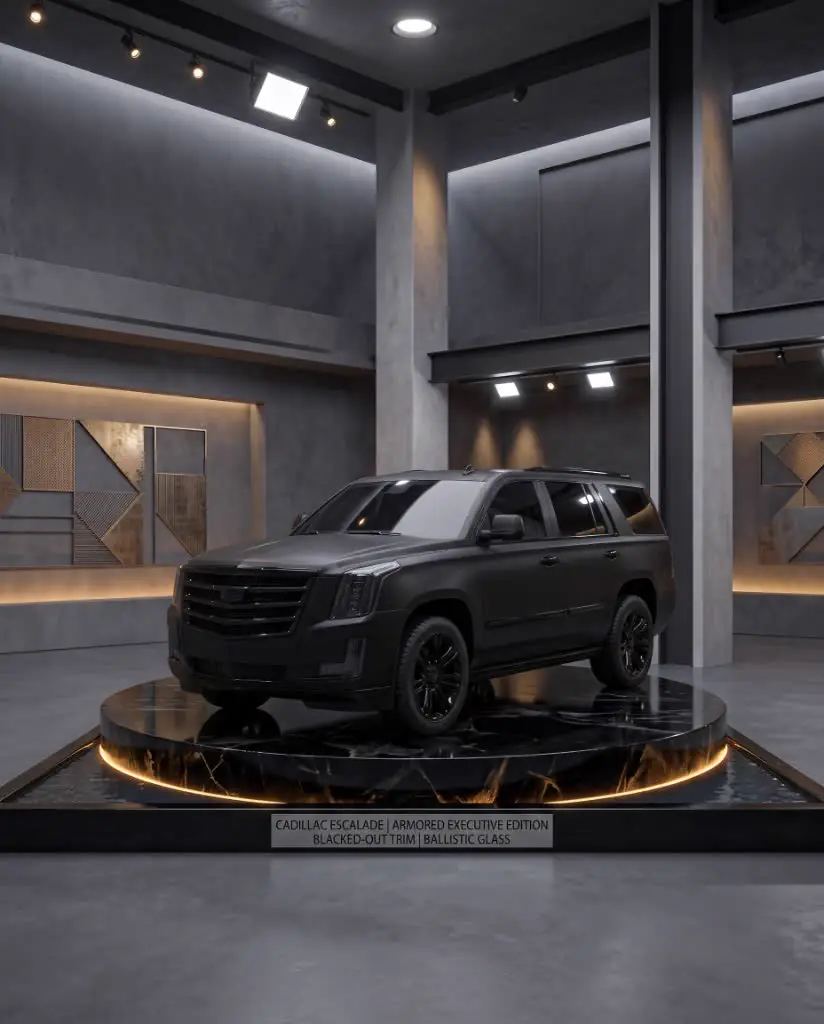 Matte-black armored Cadillac Escalade on a circular gold-lit marble plinth