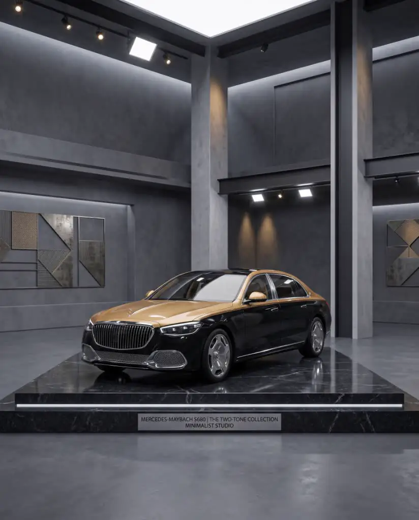 Two-tone Mercedes-Maybach S680 on a black marble studio plinth