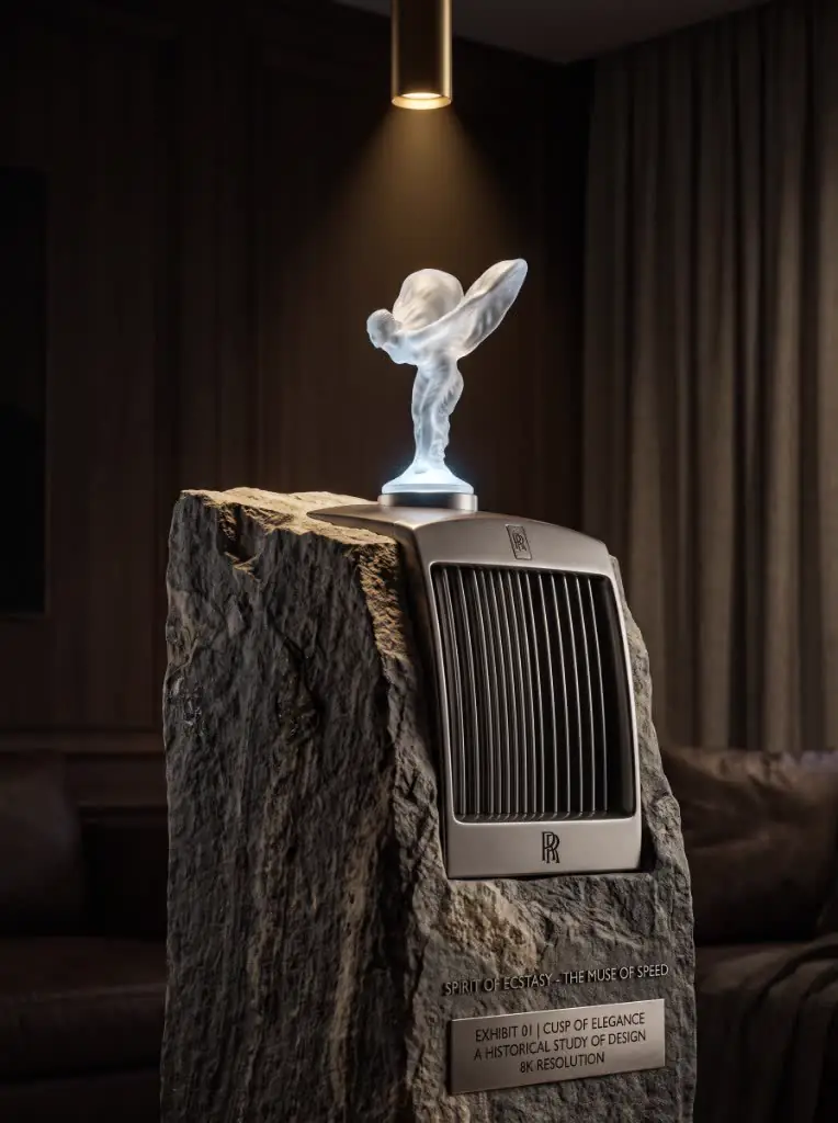 Illuminated Spirit of Ecstasy on a stone and grille museum plinth