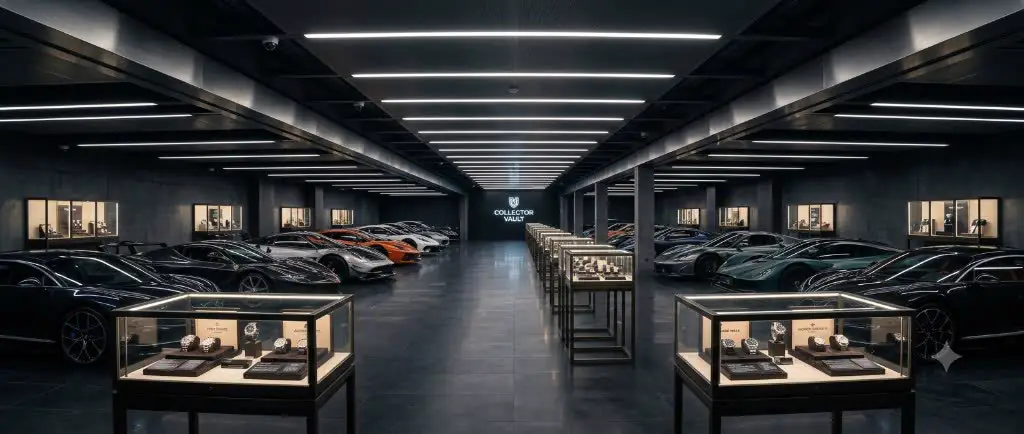 Underground collector vault with hypercars and vitrines of timepieces