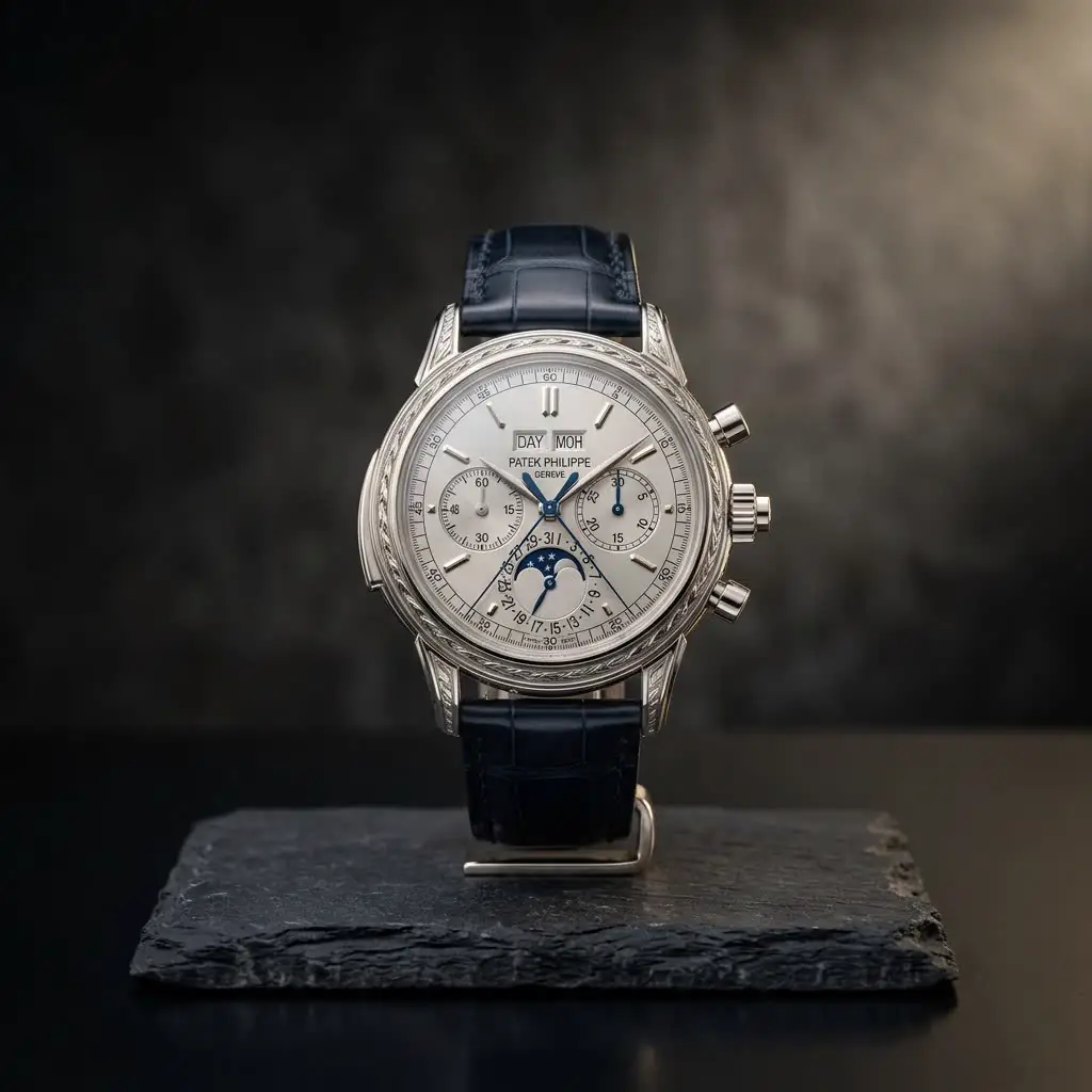 Platinum perpetual-calendar chronograph on a slate plinth