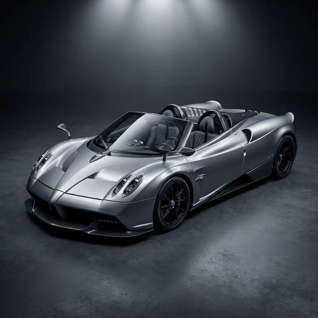 Silver open-top hypercar under studio lighting