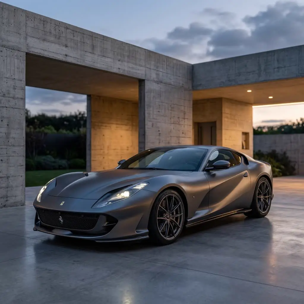 Matte grey V12 coupe staged under a concrete pavilion at dusk