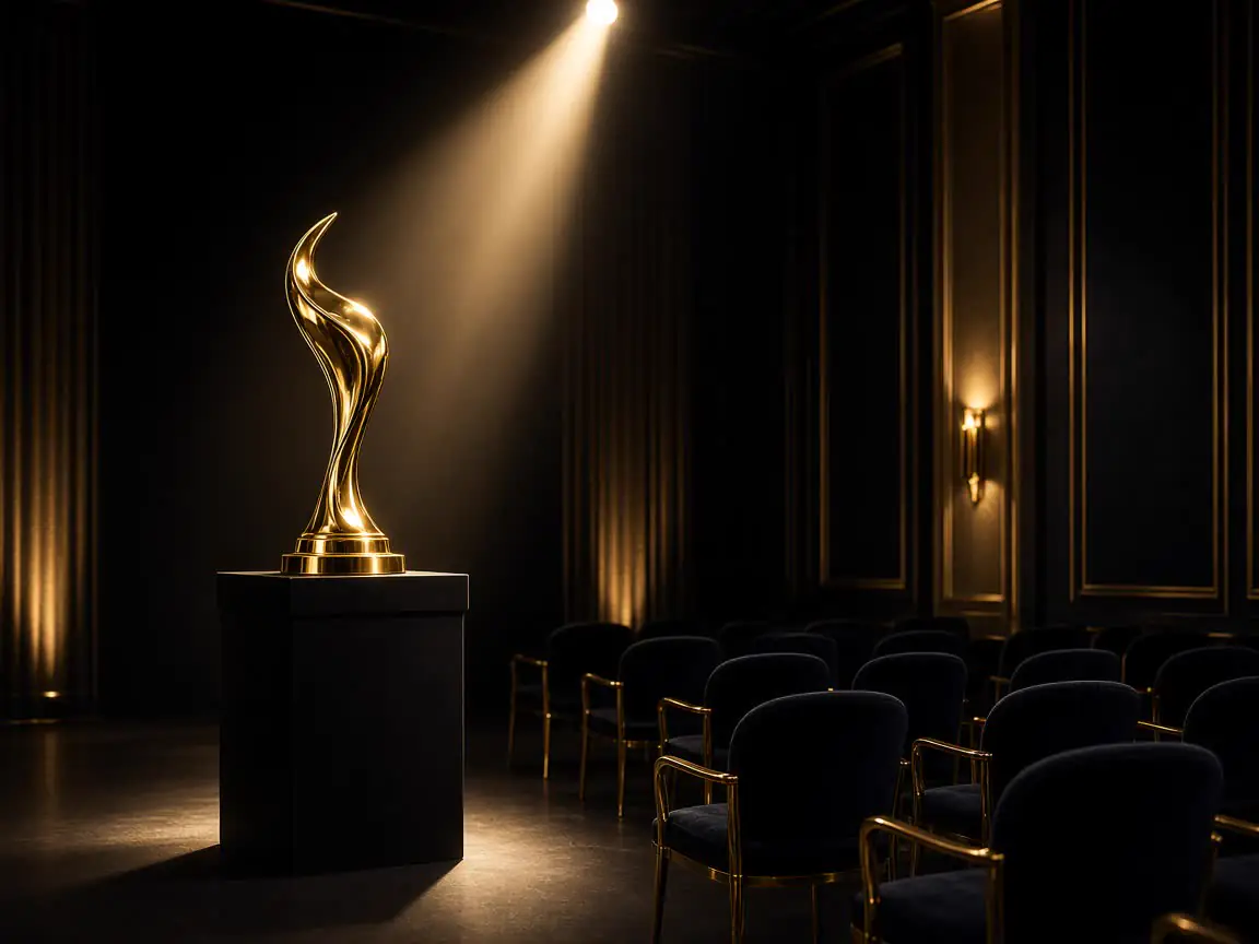 Gold award trophy on a black pedestal in an empty ceremony hall