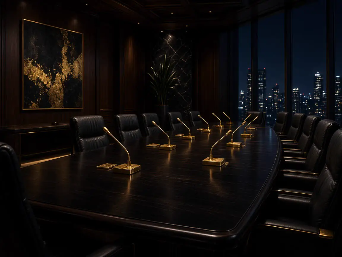 Empty black conference hall with gold lighting and a marble podium