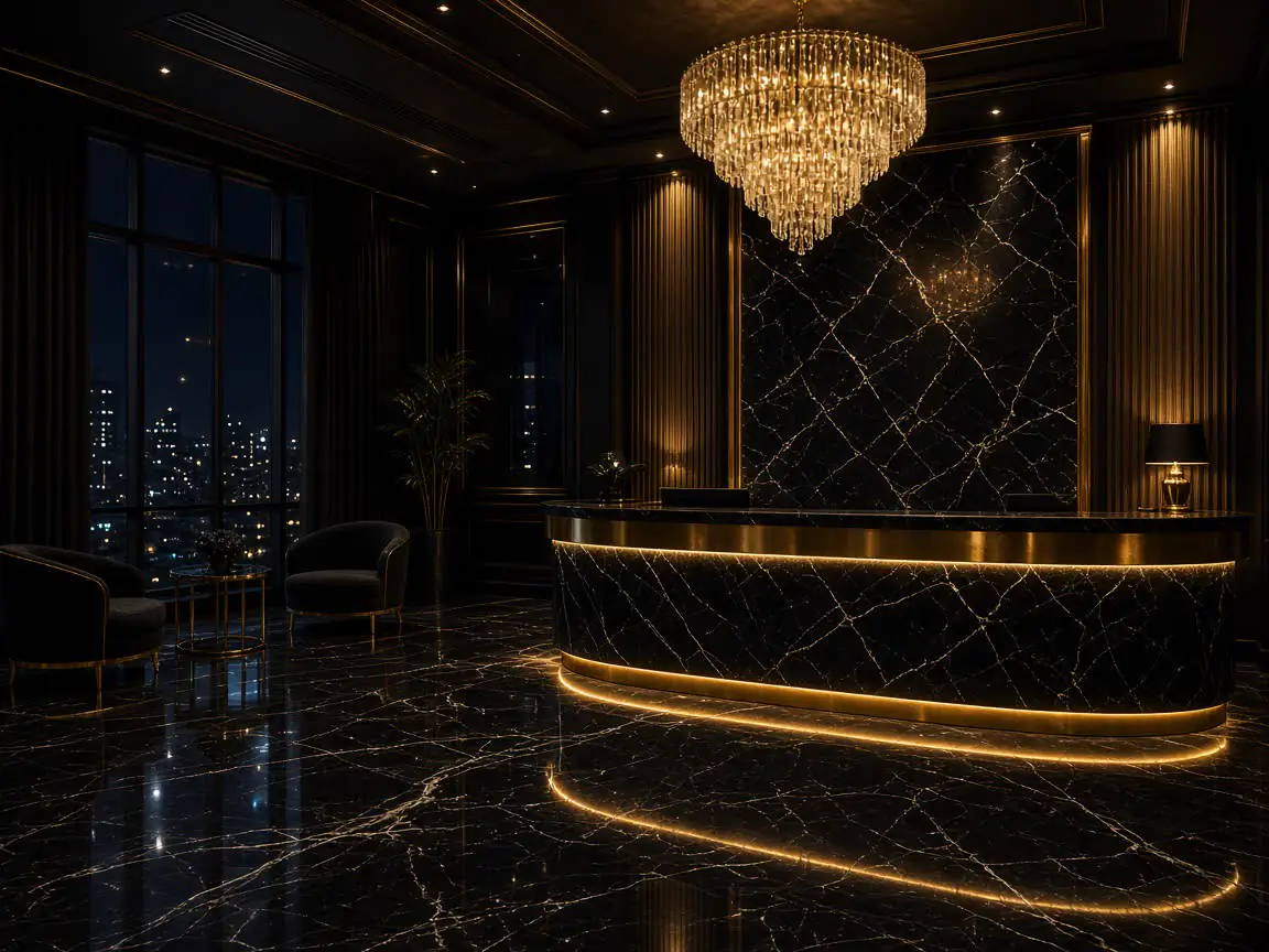 Luxury hotel suite corridor in black marble with gold sconces