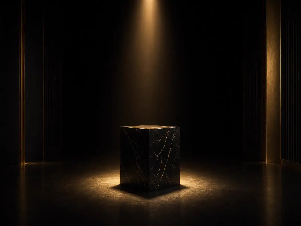 Product on a gold-lit black pedestal in an empty launch gallery