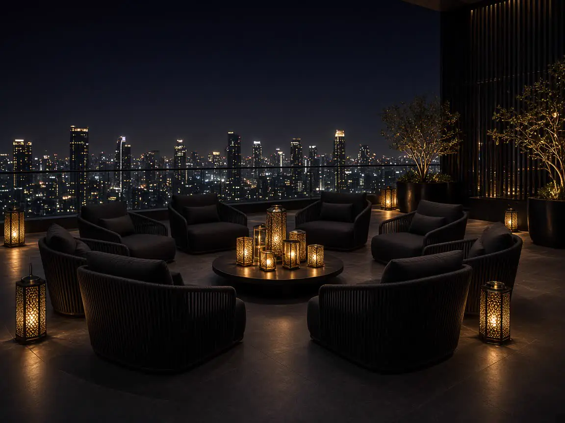 Rooftop terrace lounge seating in a circle under gold lanterns