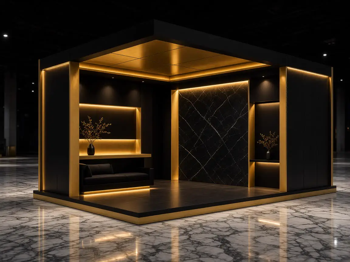 Luxury exhibition booth in black and gold with empty marble floor