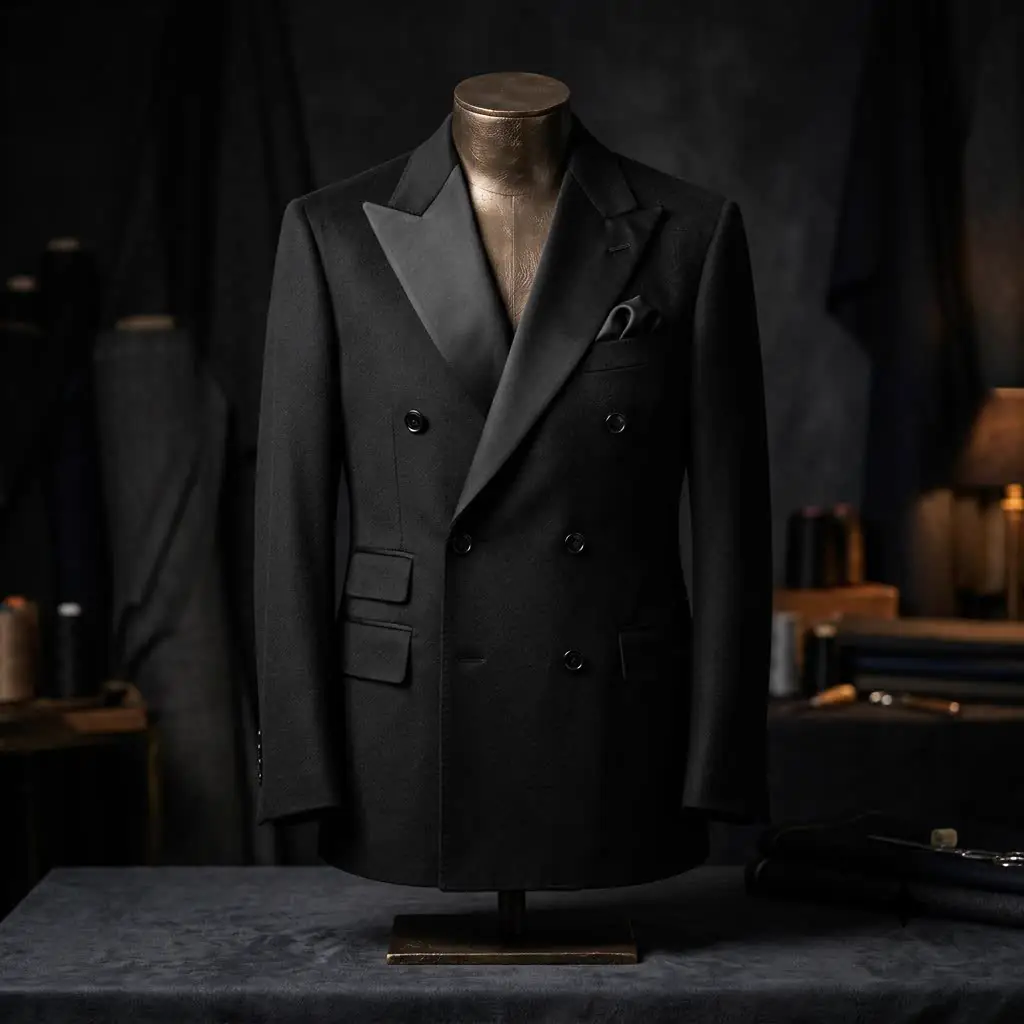 Black double-breasted dinner jacket on a bronze dress form