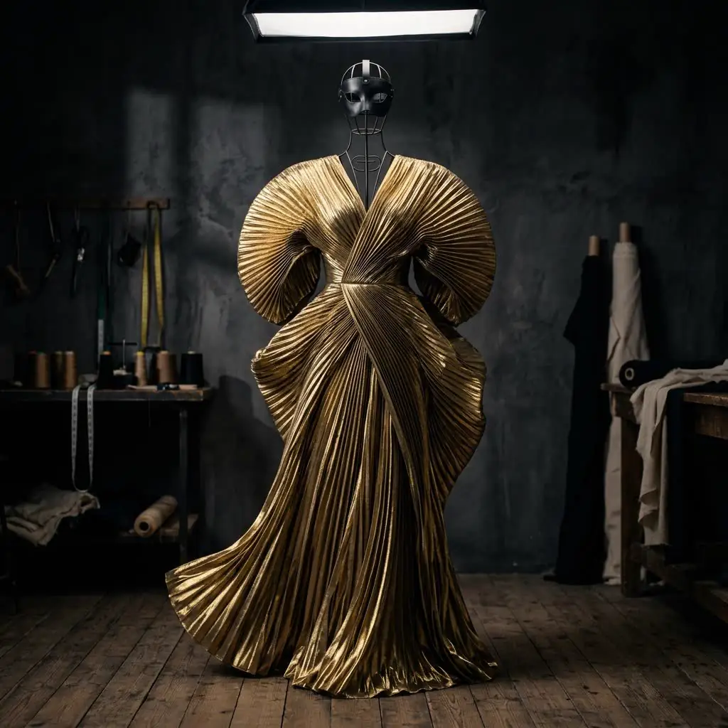 Gold pleated couture gown on a wire atelier mannequin