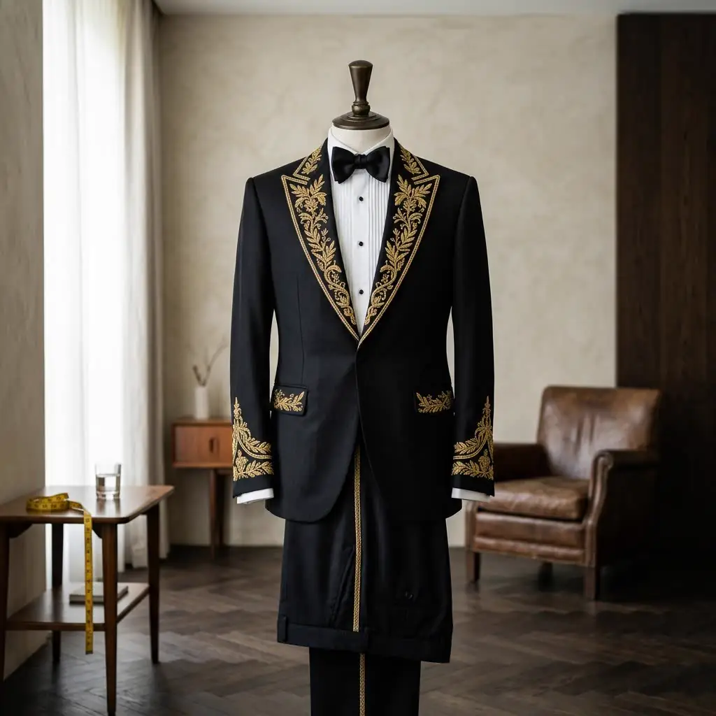 Black tuxedo with gold embroidered lapels and cuffs