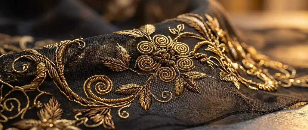Macro gold bullion embroidery on black silk tulle
