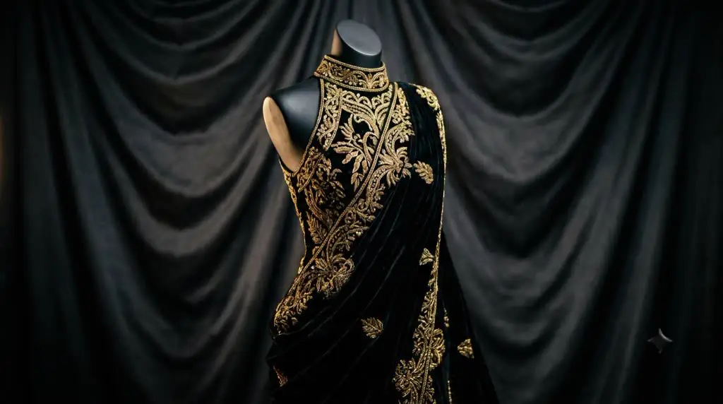 Black velvet haute couture gown with gold embroidery on a salon mannequin