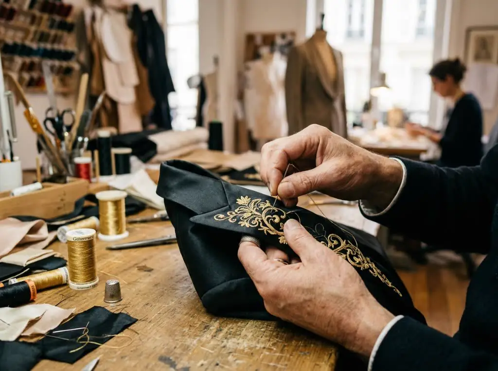 Hands embroidering gold bullion onto black silk in an atelier
