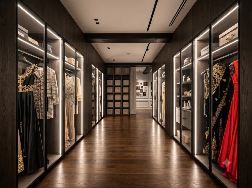 Glass-lined couture wardrobe corridor with warm lighting