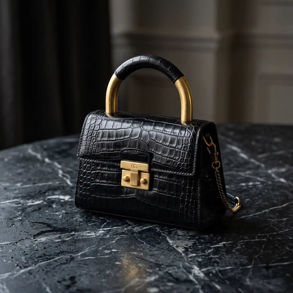 Black crocodile evening bag with brushed gold hardware