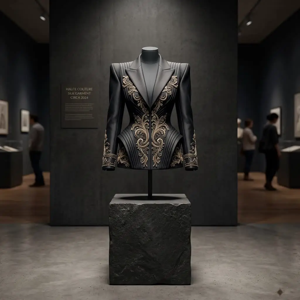 Haute couture silk jacket with gold embroidery on museum plinth
