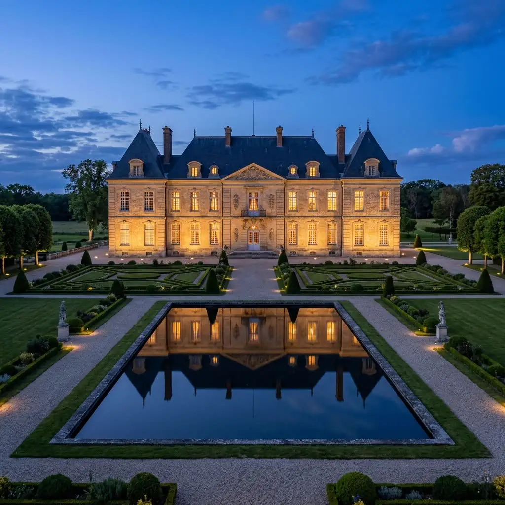 French château illuminated at dusk with reflecting parterre pool