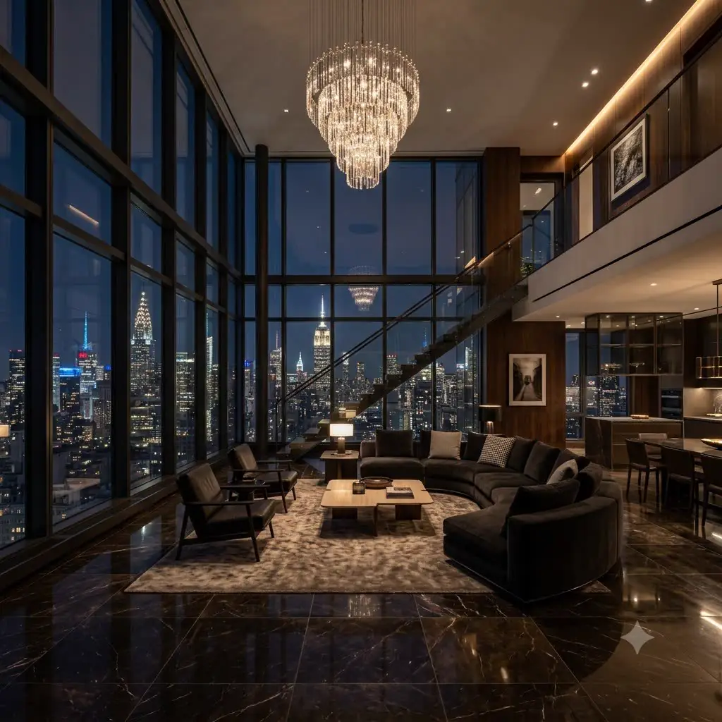 Double-height penthouse living room overlooking a night skyline