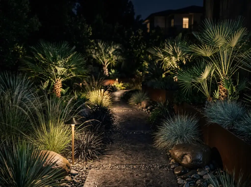 Sunken fire court set into a fern garden at dusk