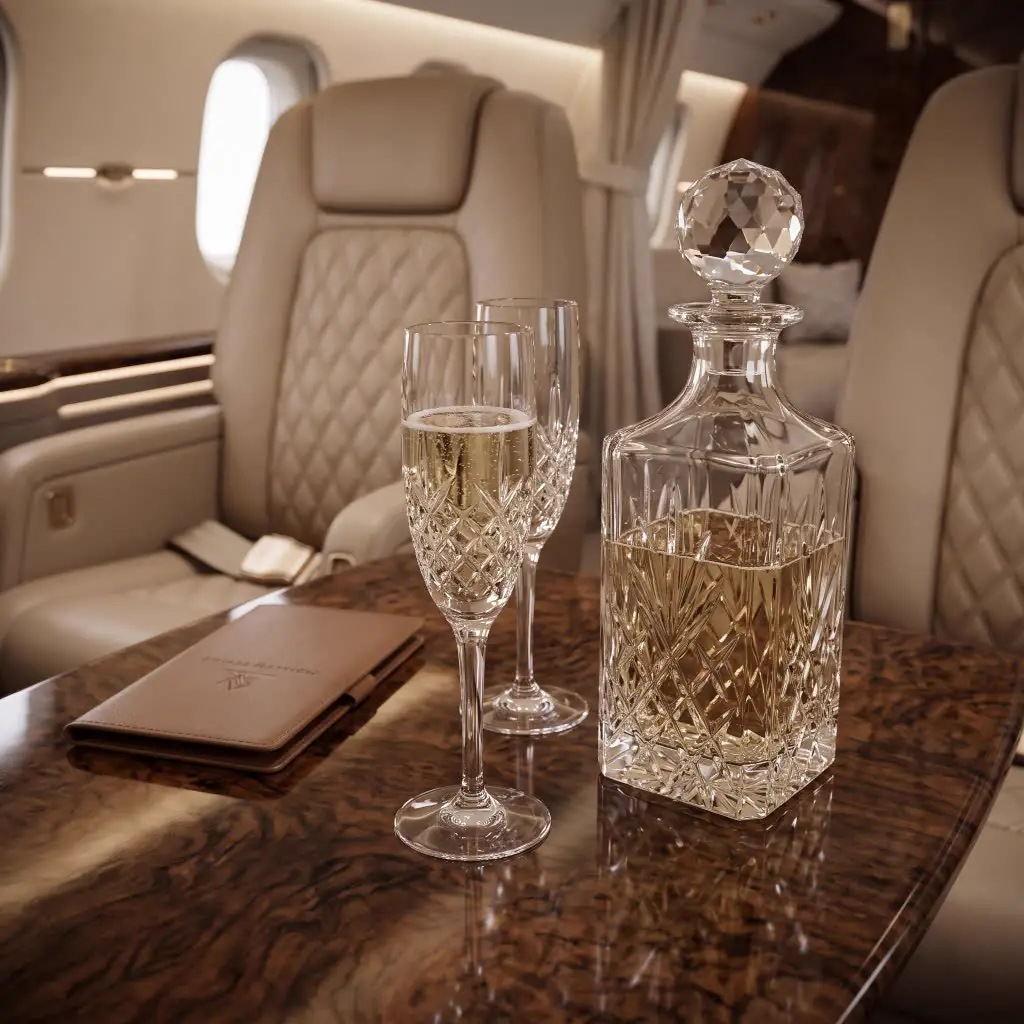 Crystal decanter and champagne flutes on a burl cabin table