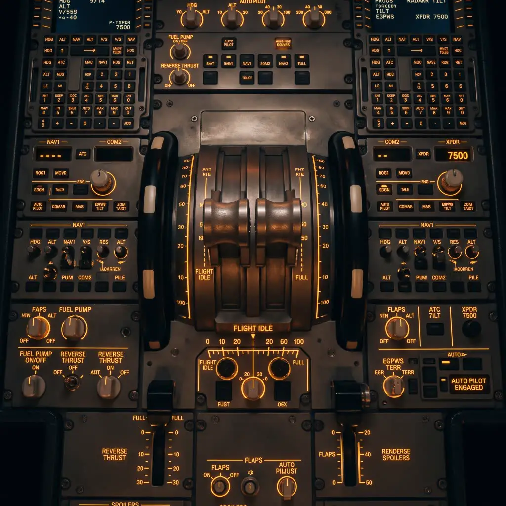 Amber-lit flight idle throttle quadrant and avionics pedestal