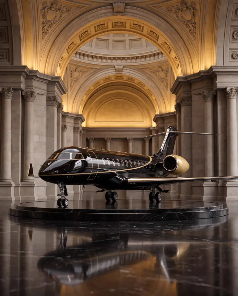 Black and gold private jet displayed on a marble plinth beneath a palatial arch