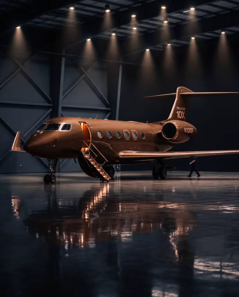 Bronze-lit private jet in a dark hangar with air-stair open
