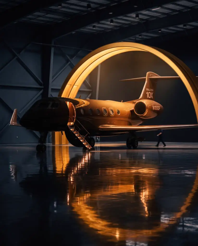 Dassault Falcon 10X under a gold hangar arch with open air-stair
