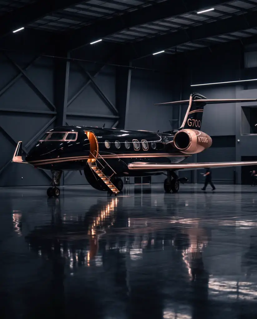 Gulfstream G700 in a dark hangar with rose-gold livery and air-stair open