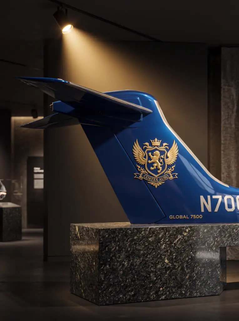 Blue Global 7500 tailfin with gold crest on a granite museum pedestal