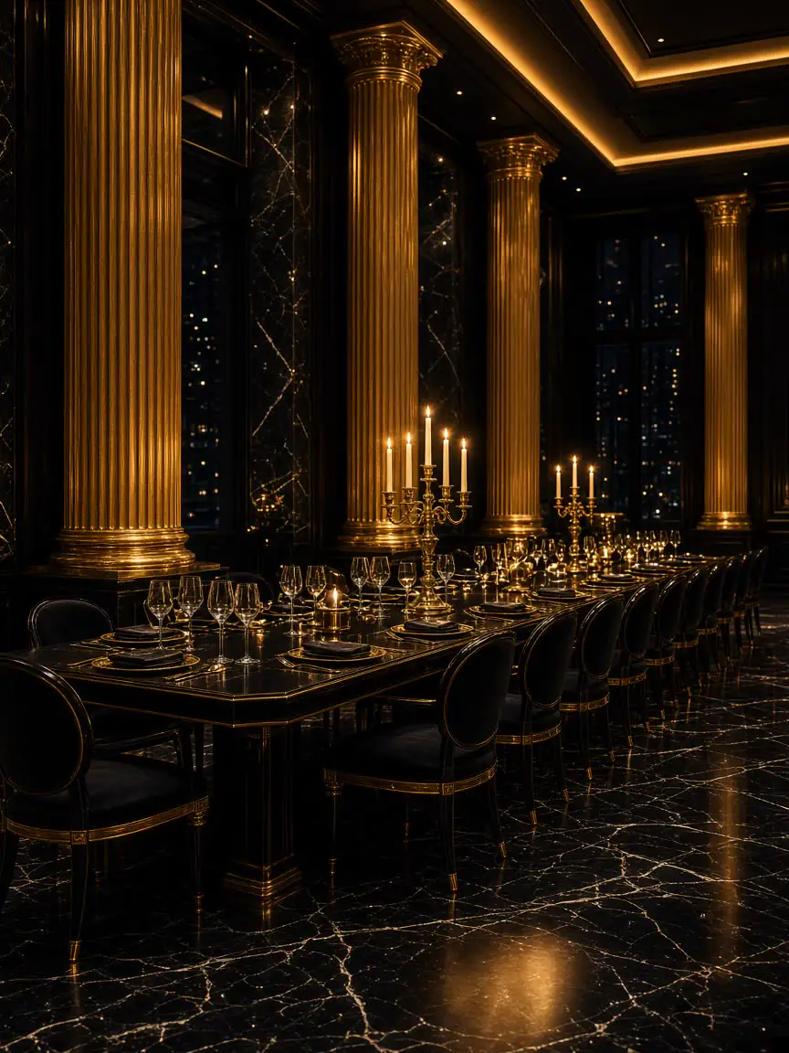 Candlelit private dining hall in black and gold beneath a palatial arch