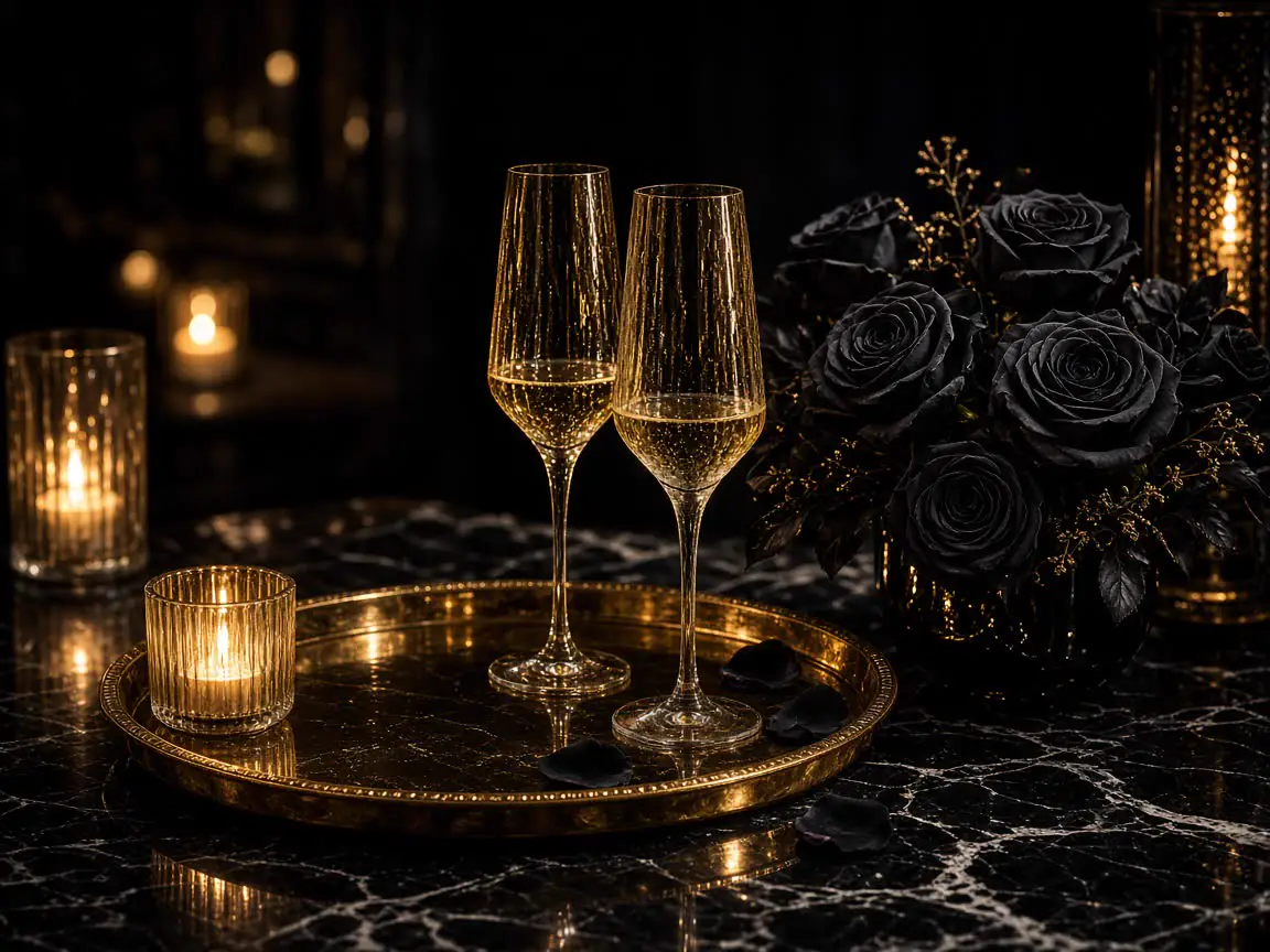 Two champagne flutes on black linen with gold roses