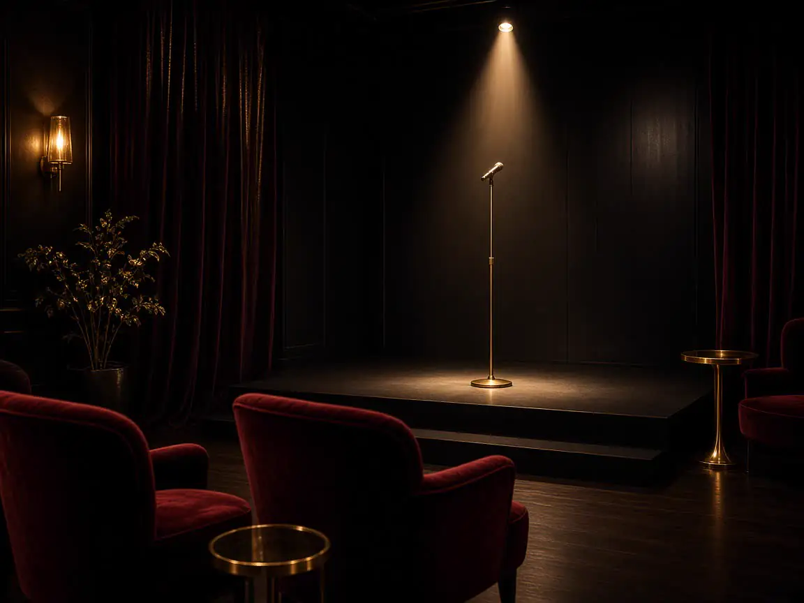 Empty concert hall with gold-lit stage and black velvet seats