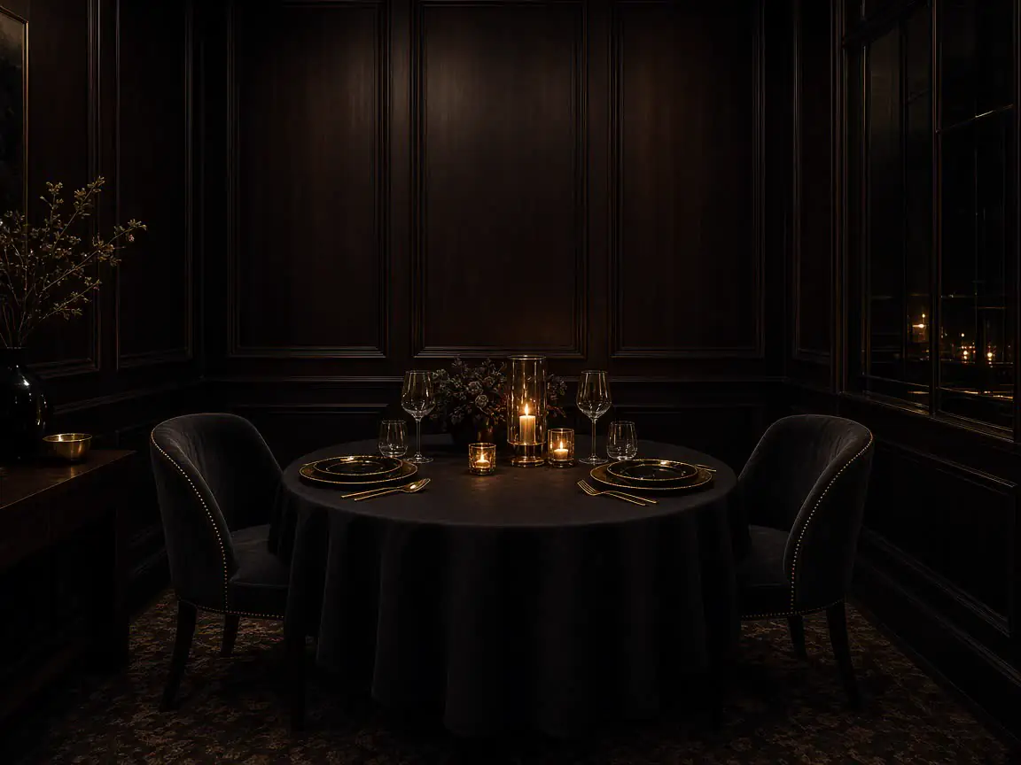 Chef’s table in a dark private dining room with gold place settings