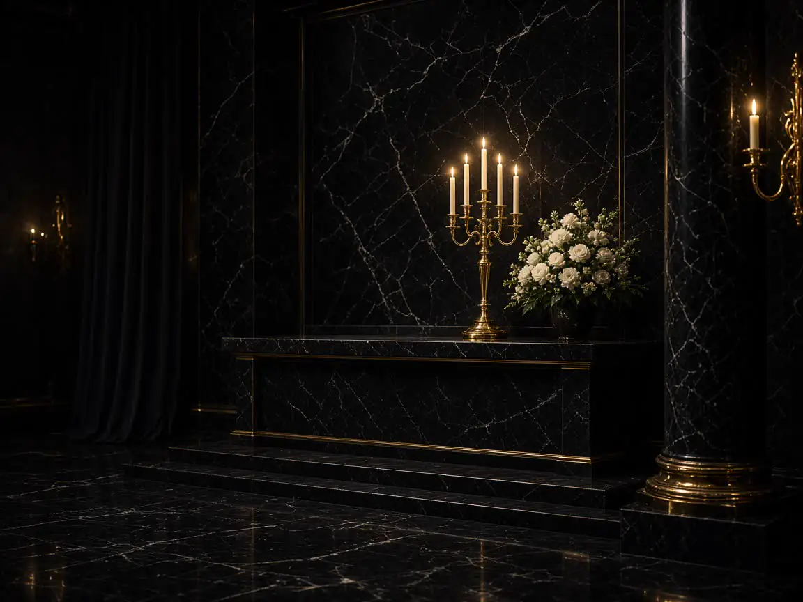Single gold candle and white flowers on a black pedestal