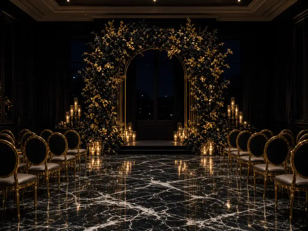 Gold wedding arch in an empty black hall with candlelight