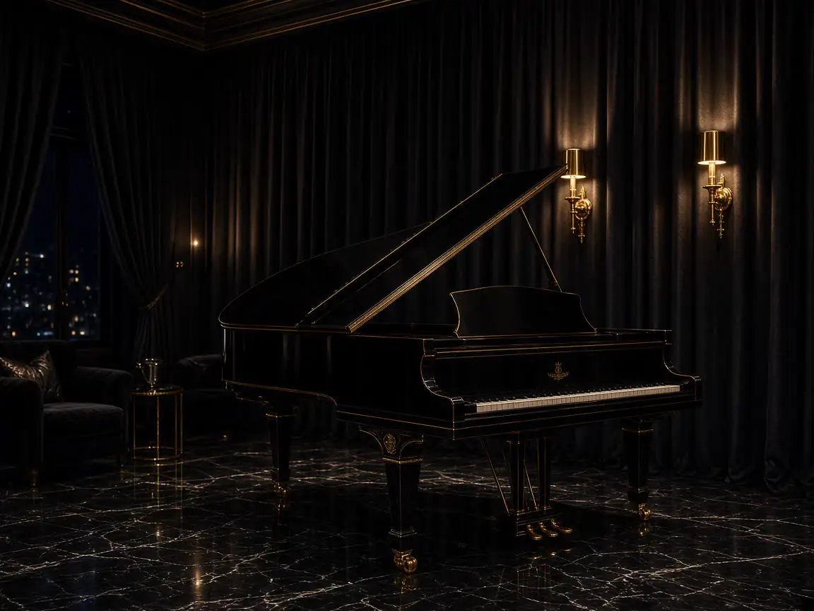 Grand piano under gold spotlight in an empty black salon