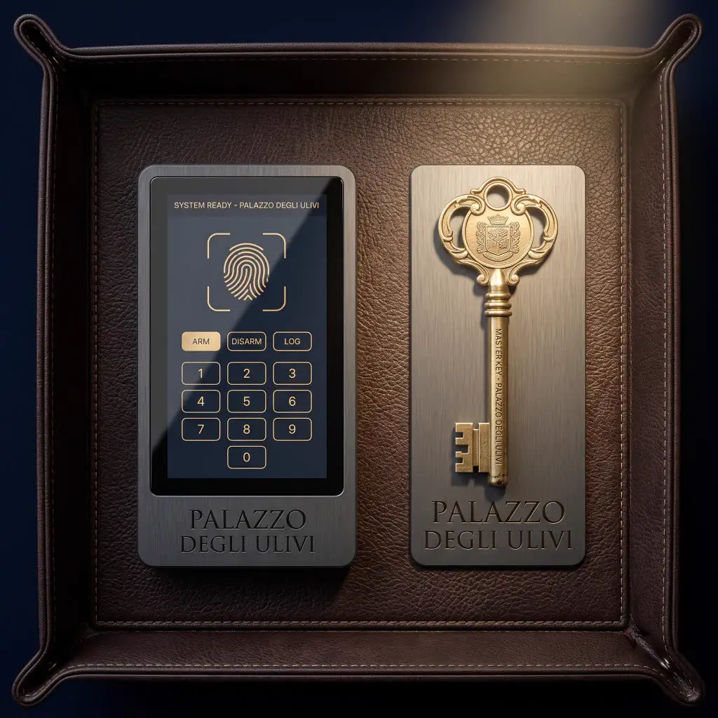Palazzo Degli Ulivi biometric keypad and master key on a leather tray