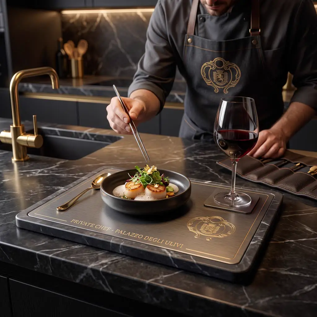 Private chef plating scallops in the Palazzo Degli Ulivi kitchen
