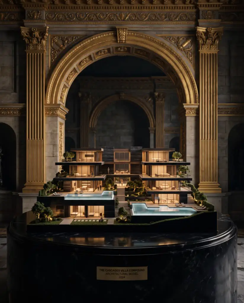 Cascades Villa Compound architectural model on a marble plinth beneath a gilded arch
