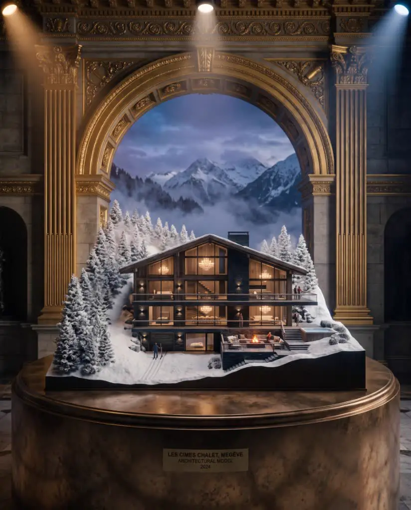 Les Cimes Chalet architectural model in snow beneath a palatial arch