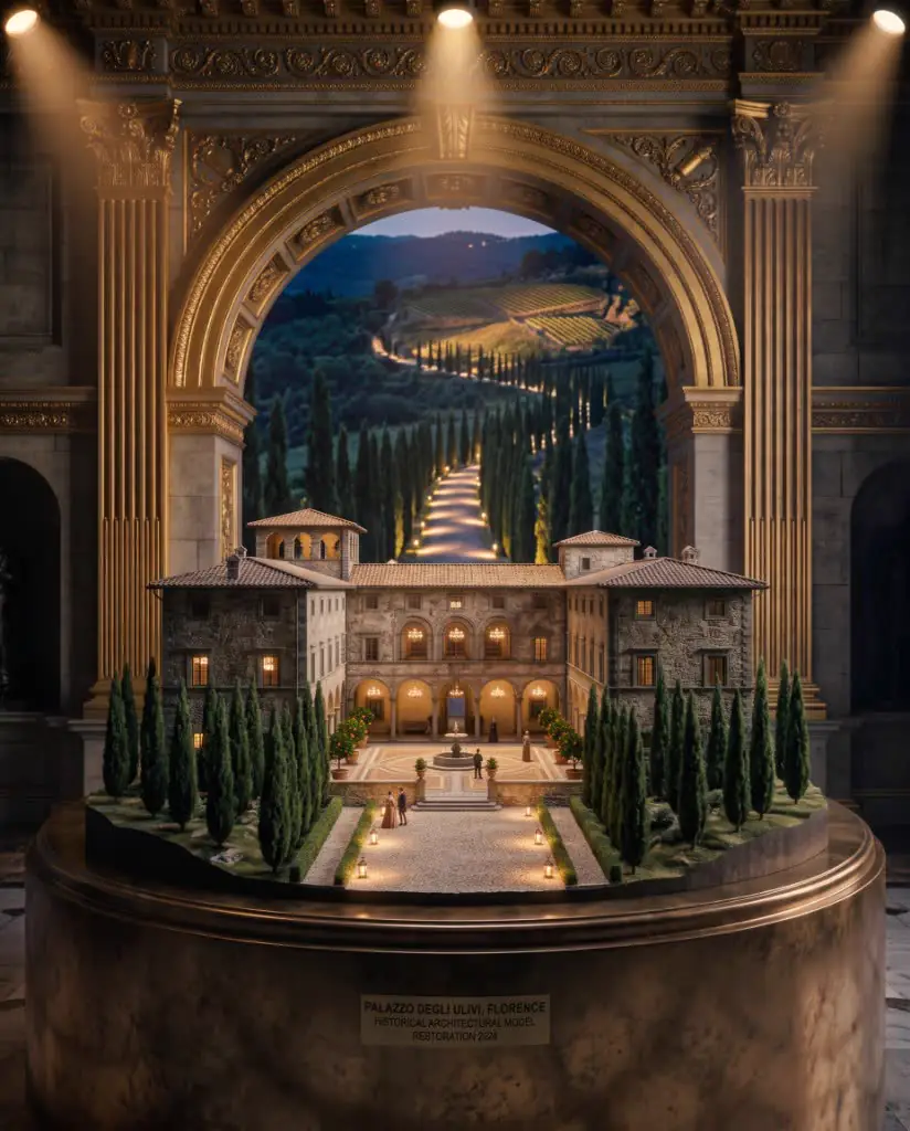 Palazzo Degli Ulivi architectural model on a bronze museum plinth