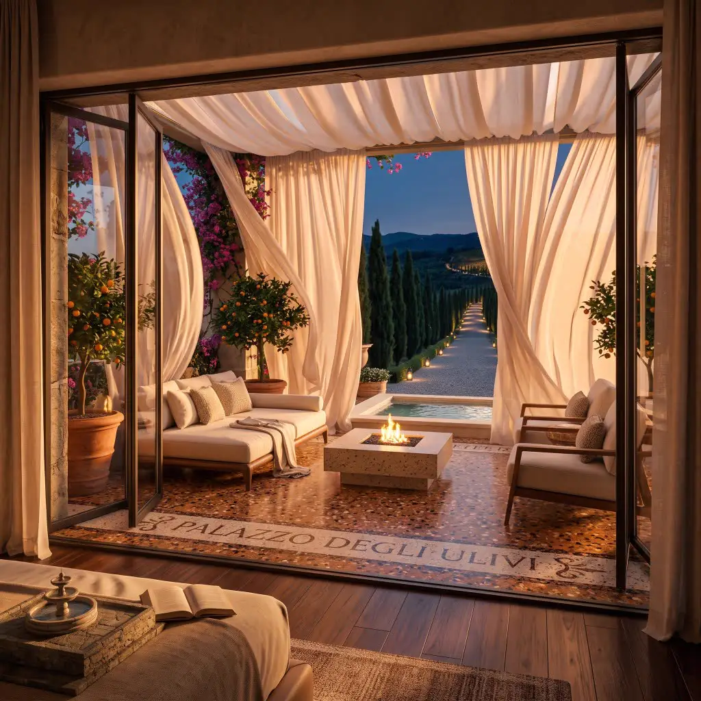 Suite terrace lounge at Palazzo Degli Ulivi opening onto a cypress allée at dusk