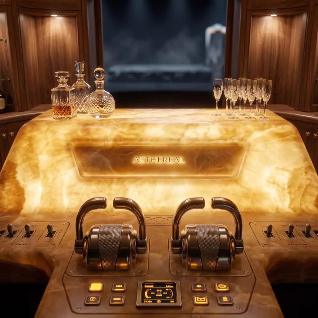 Backlit onyx helm with dual throttles, crystal decanters, and champagne flutes