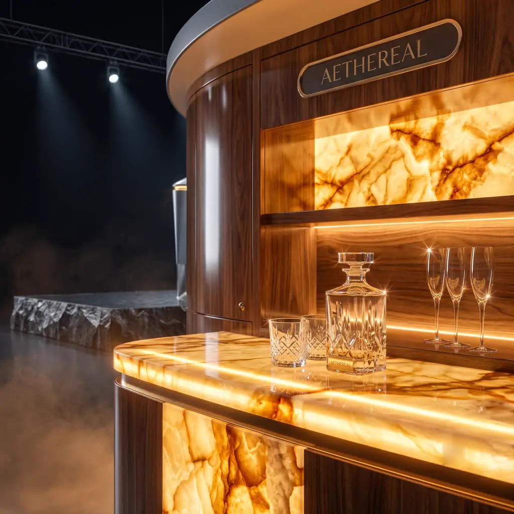 Illuminated onyx salon bar with crystal decanter and champagne flutes
