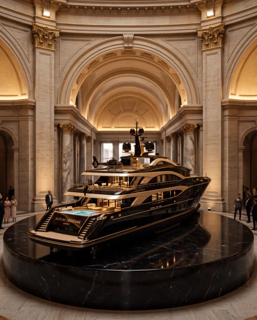 Black and gold megayacht Aurum Obsidian displayed on a round marble plinth in a palatial hall